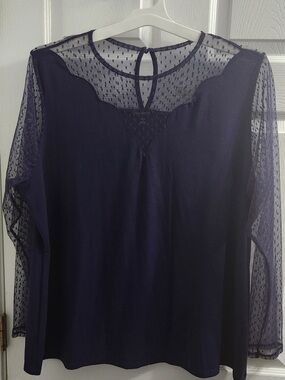 Lane Bryant Navy Dot Mesh Yoke & Sleeve Blouse